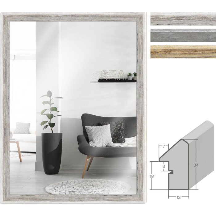 MendeFrames Wandspiegel H790 Strandhuis – Wit, Grijs, Natuur, 10x10-70x100 cm