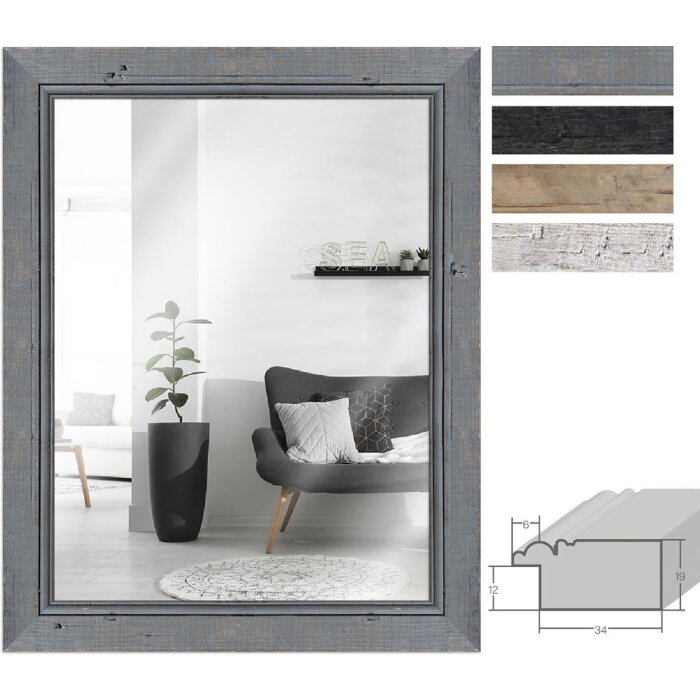 MendeFrames Wandspiegel H660 Shabby-Chic – Vintage met massief houten lijst, 4 cm breed, wit, grijs, zwart, natuur, 20x20-70x100 cm