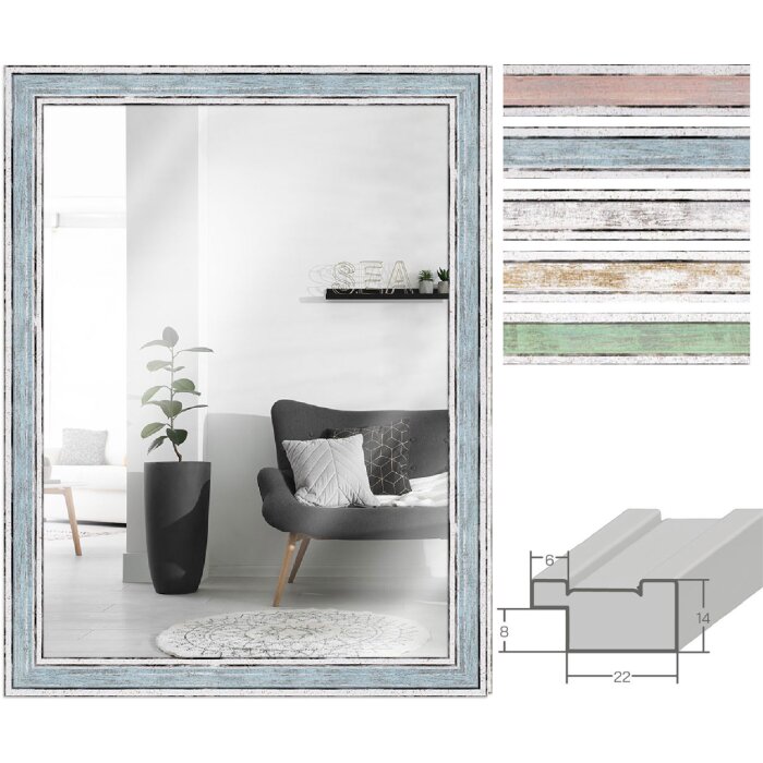 MendeFrames Wandspiegel H460 – Vintage met pastelkleuren in blauw, goud, zilver, groen, roze en lichtgroen, massief hout, 10x10 tot 50x70 cm