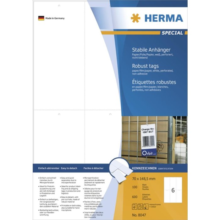 herma Stevige labels a4 70x148,5 mm wit papier-folie-papier geperforeerd niet-klevend 600 st.